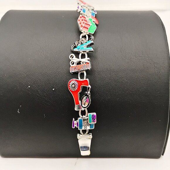 VTG 90s Women Silver Tone Hair Stylist Charm Bracelet Fun Statement Multicolor - Picture 4 of 6